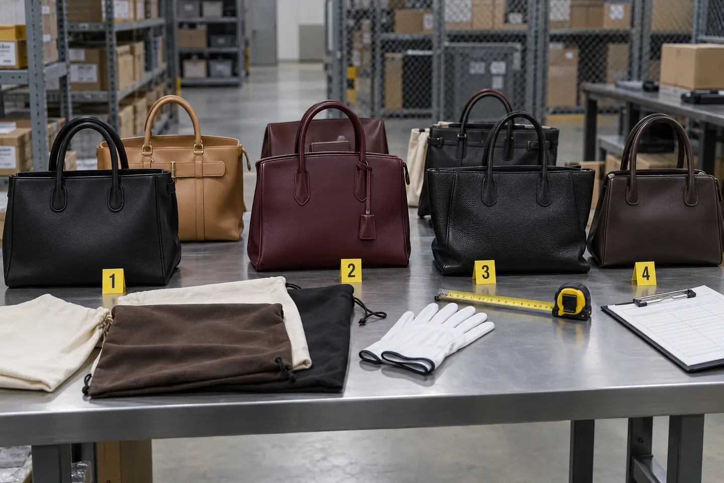 Illustrative unbranded handbags arranged on an inspection table