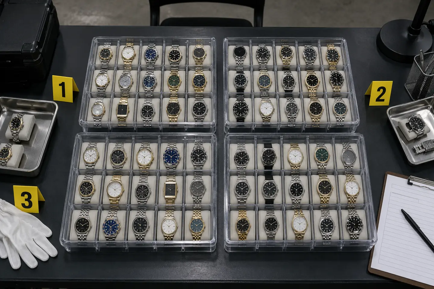 Illustrative unbranded watches arranged on an inspection table