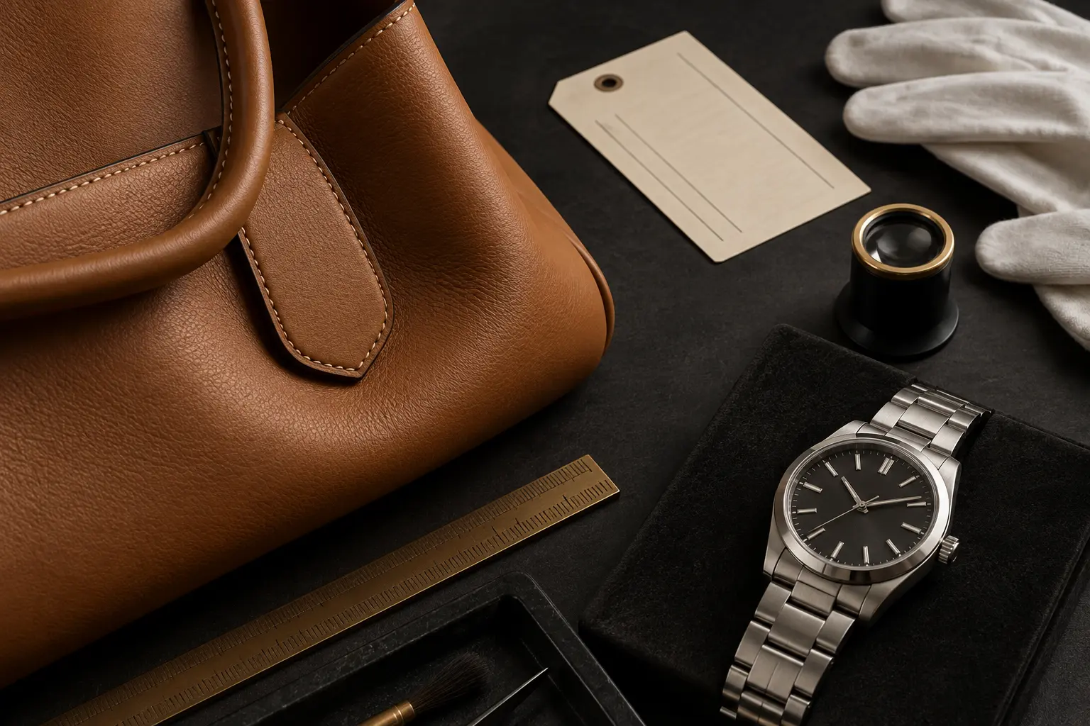 Unbranded leather bag and mechanical watch arranged with inspection tools on a dark table